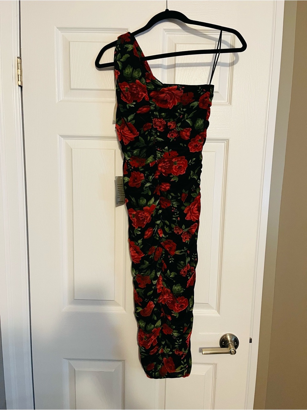 Nordstrom Black One-Shoulder Dress with Red Rose Print